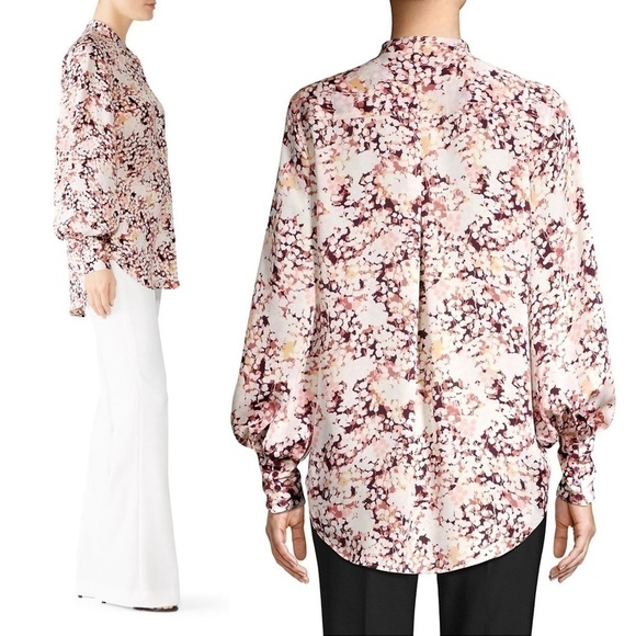 EQUIPMENT Floral Satin Draped Puff Long Sleeve Button Up Stand Collar Blouse S - Picture 4 of 13